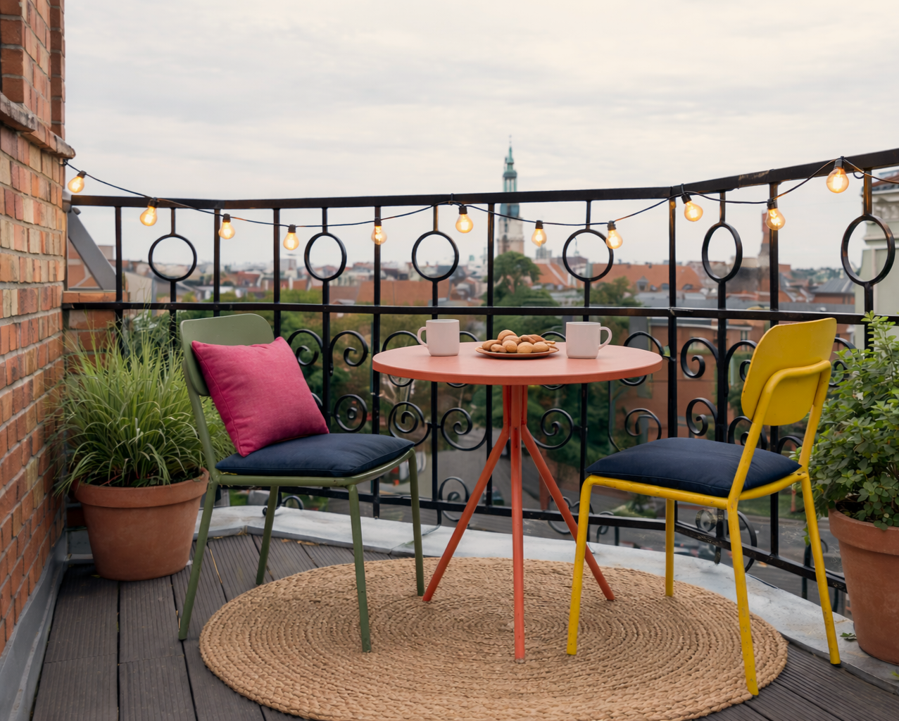 Kolorowy zestaw mebli balkonowych: pomarańczowy okrągły stolik z dwoma białymi kubkami i talerzem ciastek, stojący między zielonym a żółtym metalowym krzesłem na balkonie z widokiem na miasto.