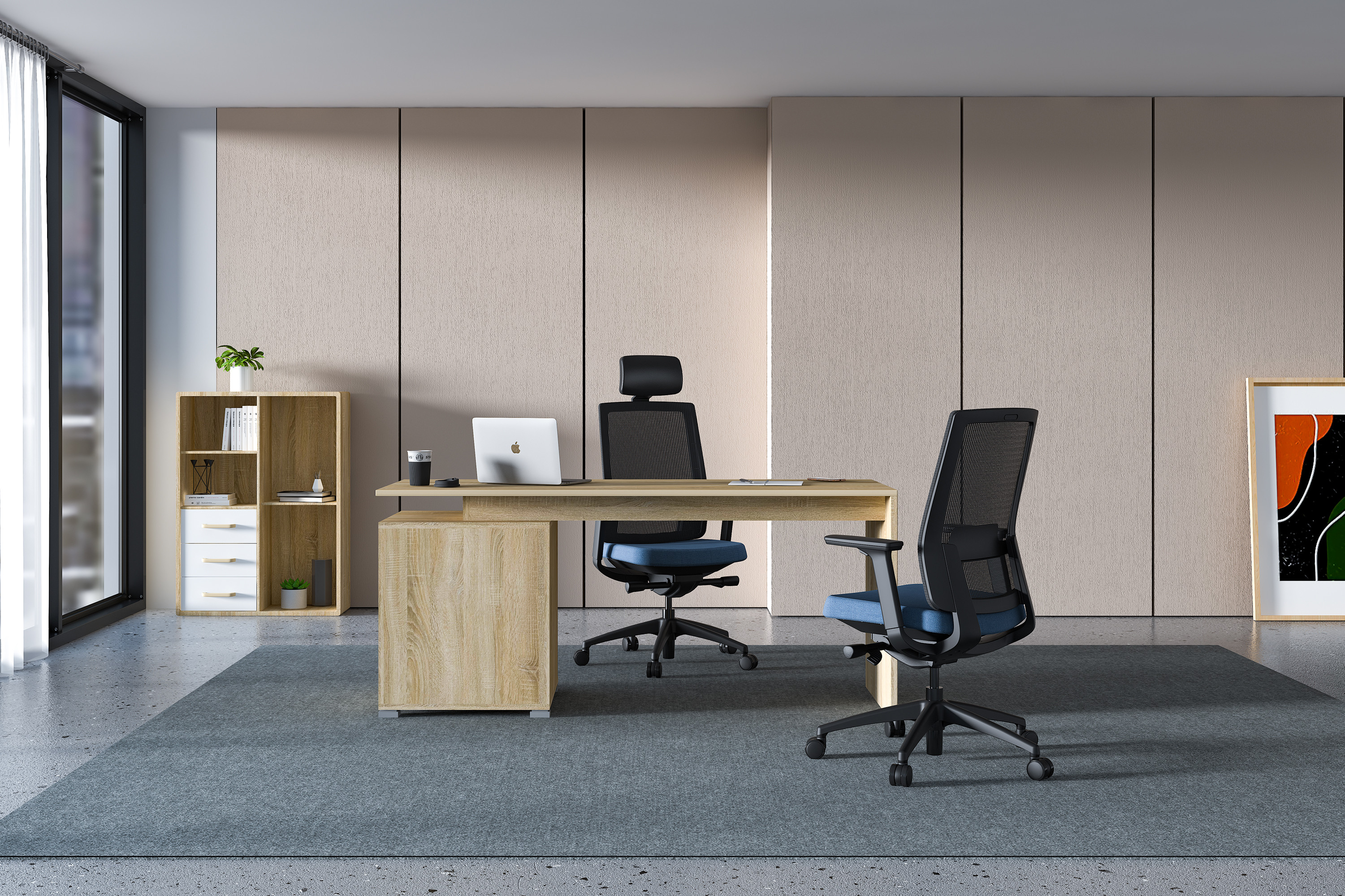 Nowoczesny gabinet  z biurkiem dębowym, fotelem ergonomicznym, szafką na segregatory, dywanem i lustrzaną ścianą.