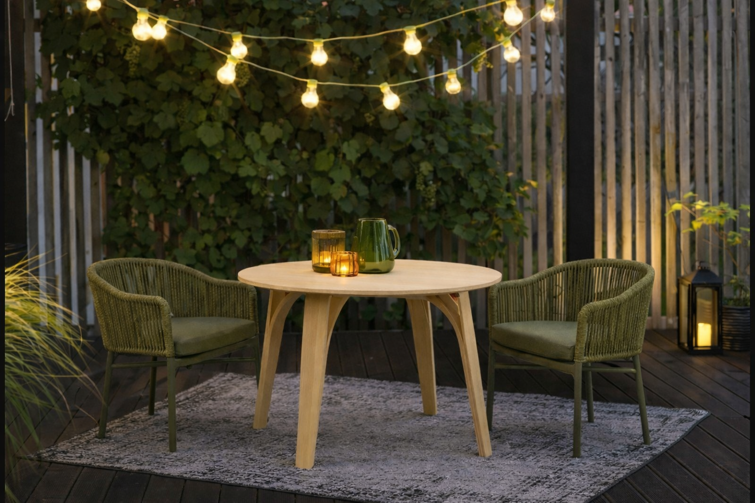 Drewniany stół ogrodowy okrągły i krzesła z plecionki sznurkowej w kolorze oliwkowym. Nowoczesna aranżacja tarasu z lampionami i szklanym dzbankiem na drewnianym podeście.