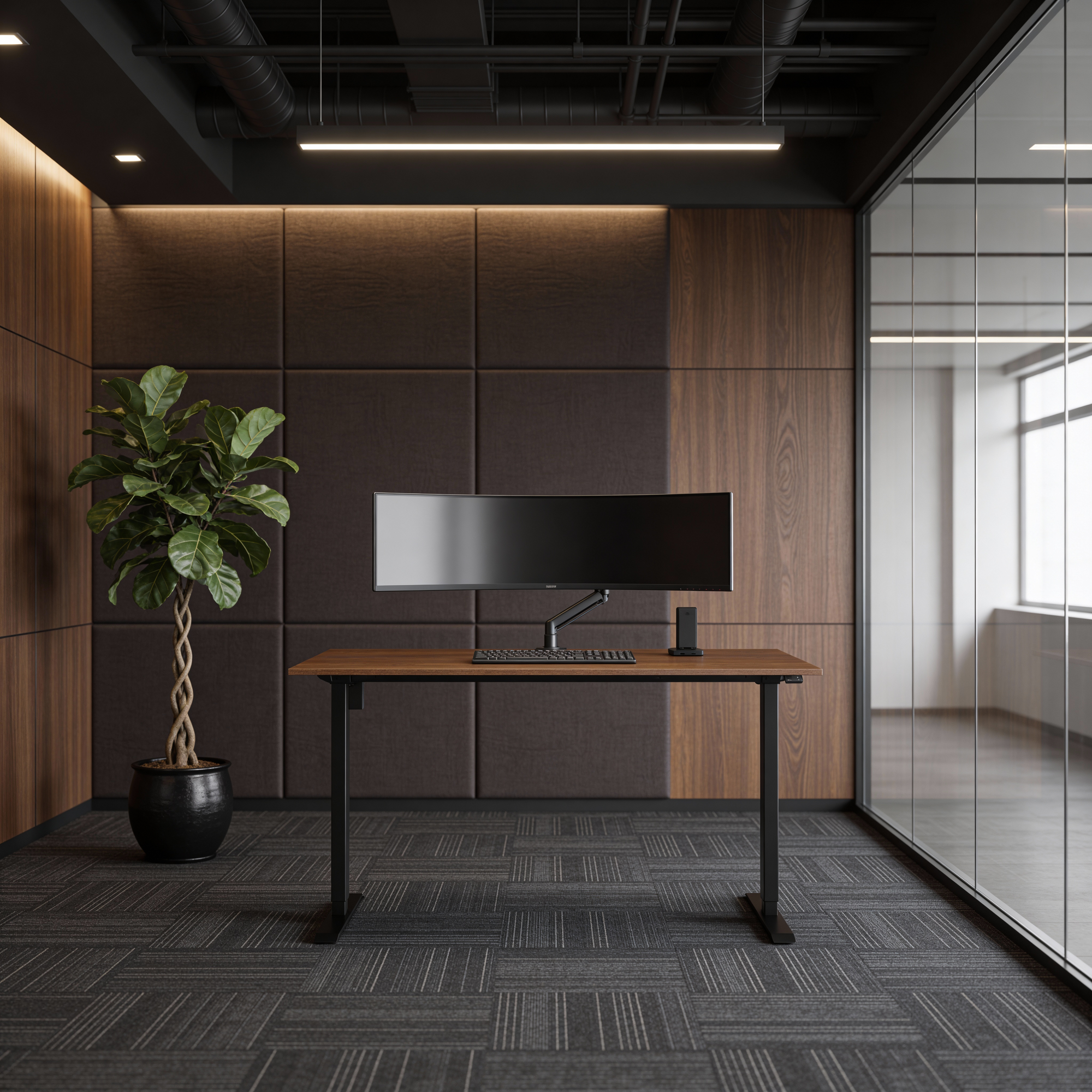 nowoczesne biurko podnoszone, biurko ergonomiczne, zakrzywiony monitor, stanowisko pracy home office, Fiddle Leaf Fig roślina, luksusowy gabinet design, meble biurowe premium, oświetlenie biurowe, panele akustyczne, styl minimalistyczny.