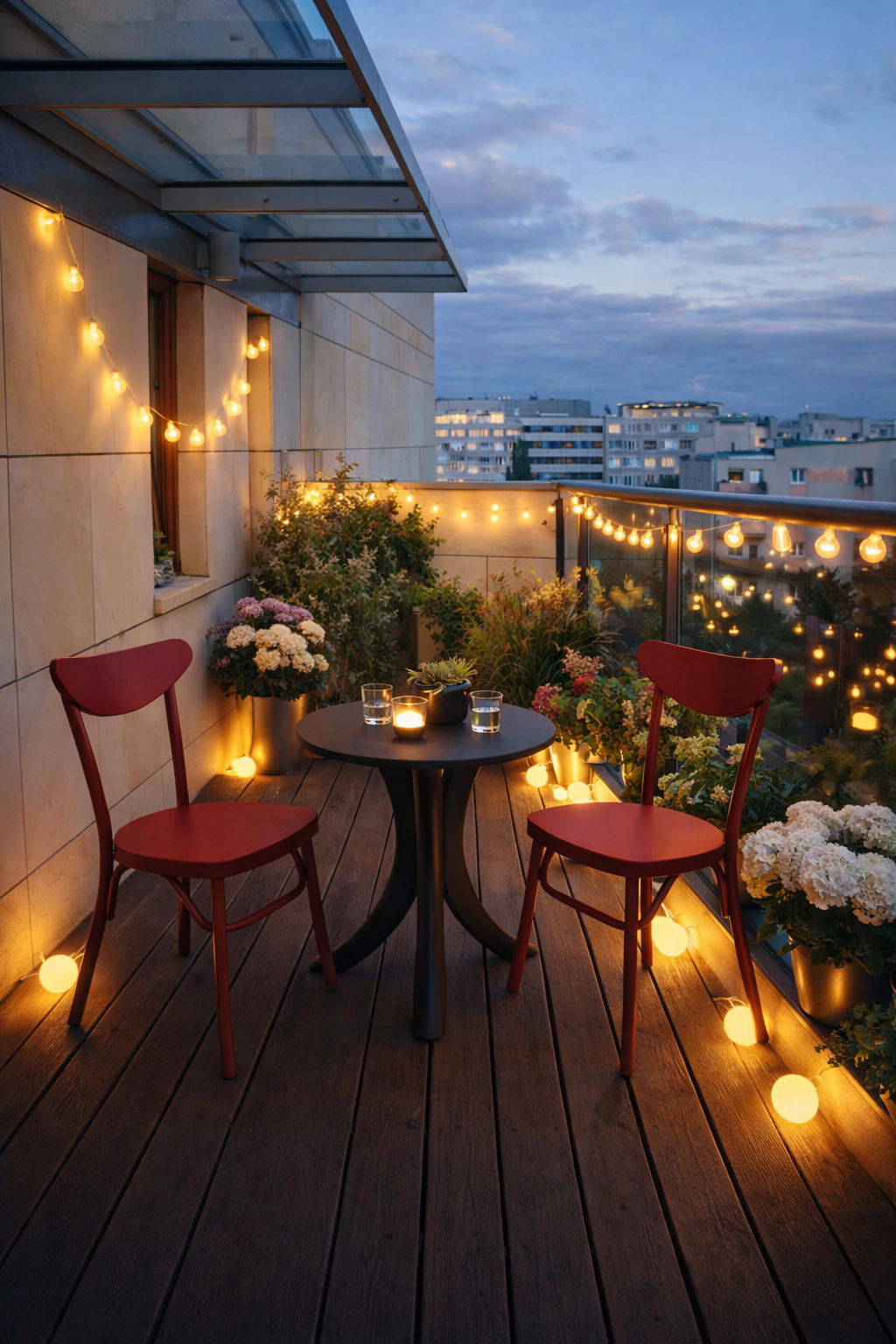 Czerwone krzesła metalowe i czarny okrągły stolik kawowy na balkonie. Meble ogrodowe w wieczornej aranżacji z girlandą świetlną cotton balls i drewnianym tarasem.
