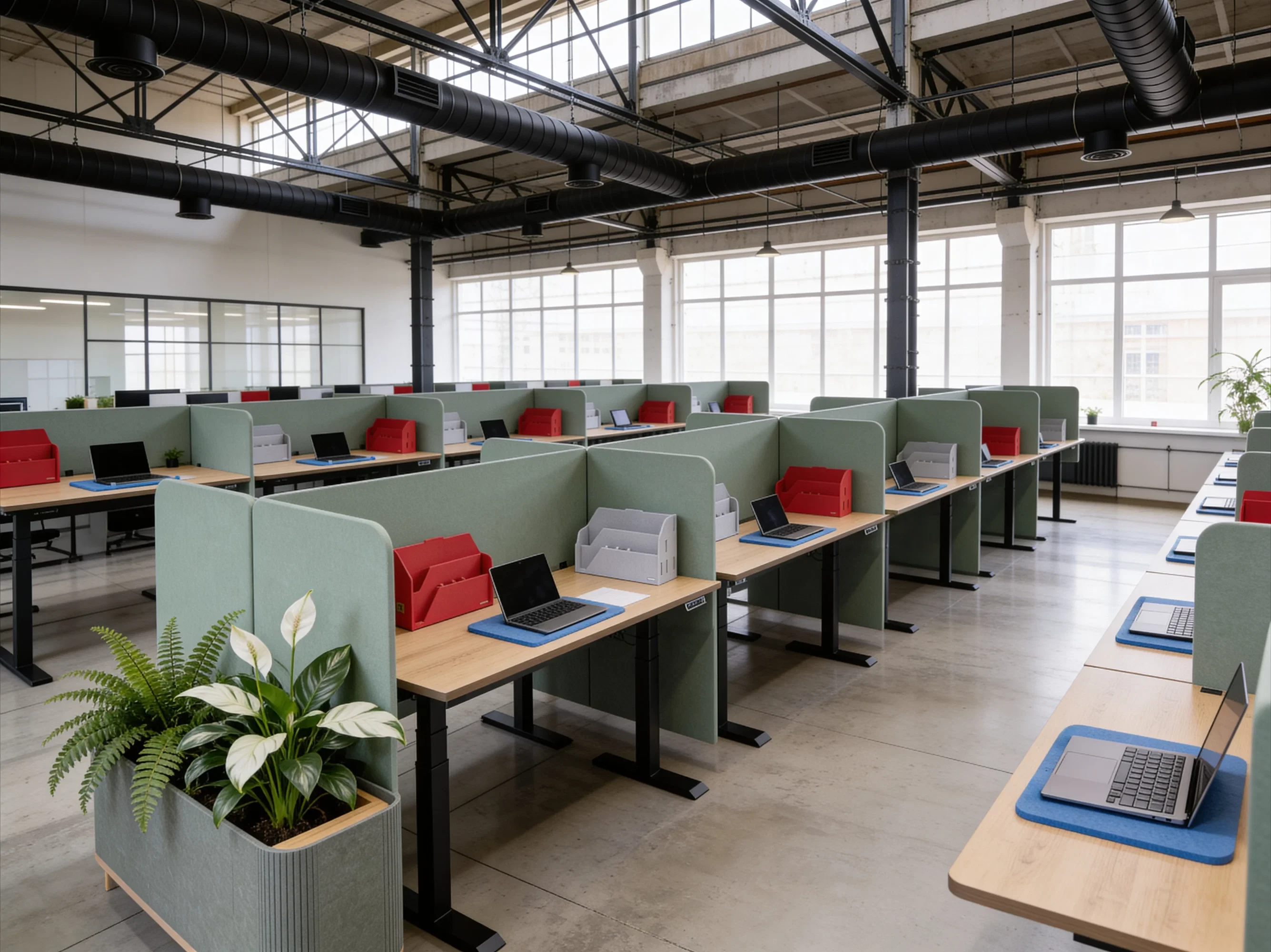 Nowoczesne biurka regulowane z jasnym blatem, wyposażone w zielone ekrany akustyczne odgradzające stanowiska pracy w biurze typu open space.